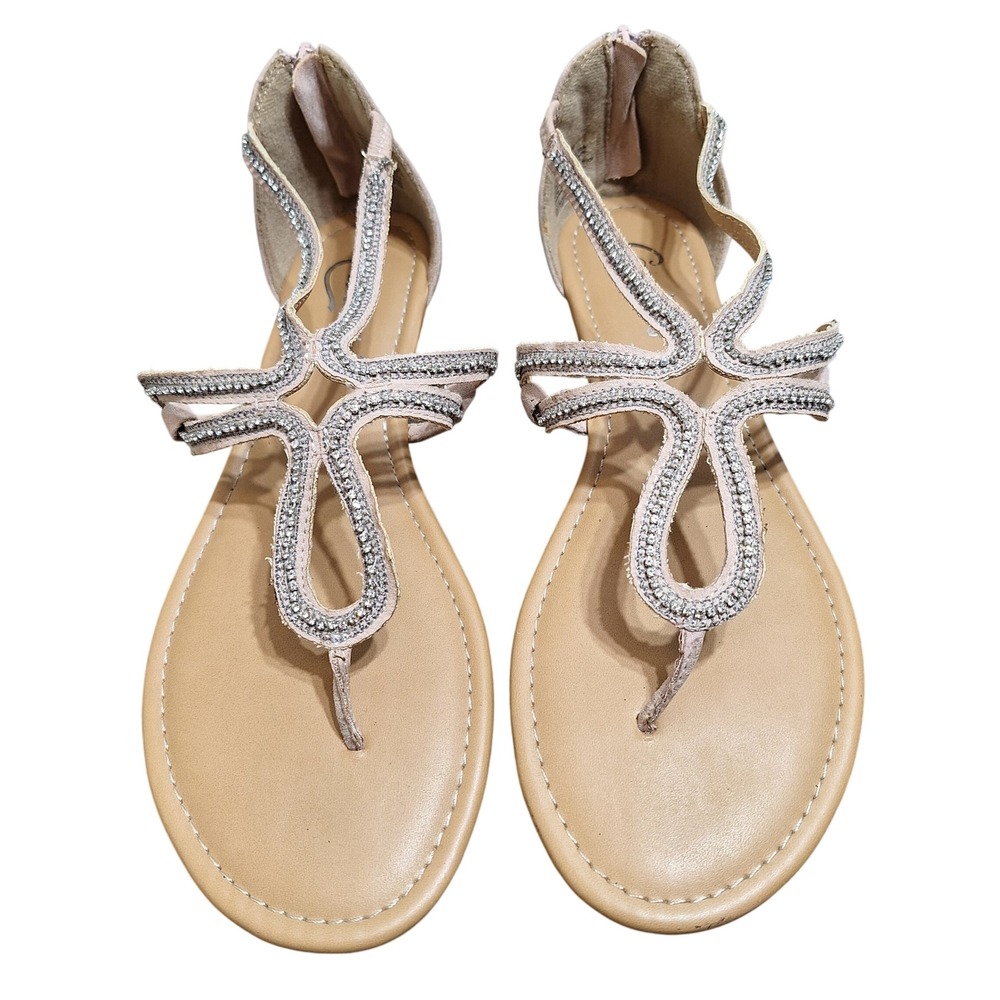 Candie's Women's‎ 10 Okra Blush Rhinestone Gladiator Thong Sandals Back Zip Flat